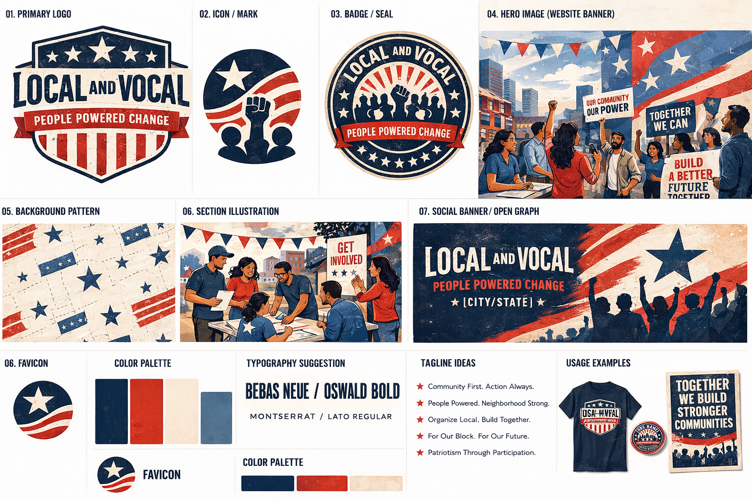 Patriotic Local and Vocal brand board with logo, icon, hero image, color palette, and typography